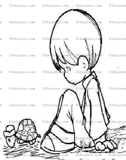 Dibujo para colorear Dibujo de una tortuga y un nino de Precious Moments