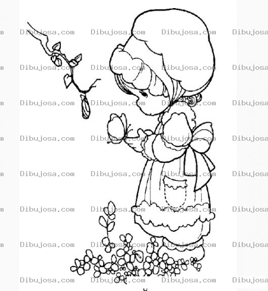 Dibujo para colorear Nina de Precious Moments con una mariposa en sus manos