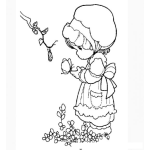 Dibujo para colorear Nina de Precious Moments con una mariposa en sus manos