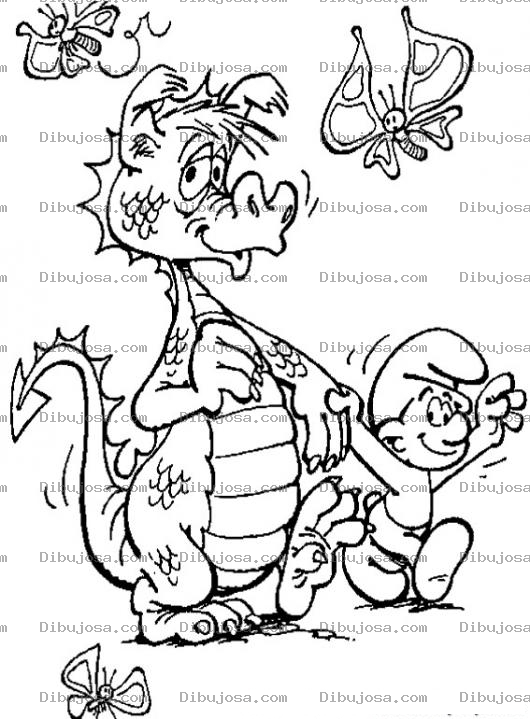 Dibujo para colorear Dibujo De Un Pitufo Con Un Dragon Para Pintar