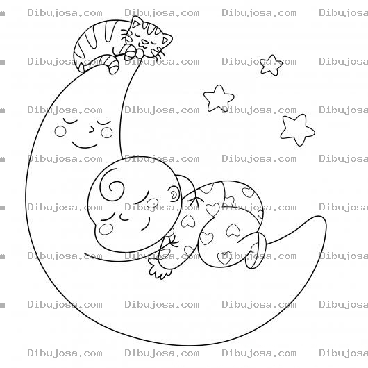 Dibujo para colorear Bebe Y Gato Durmiendo Sobre La Luna Para Colorear