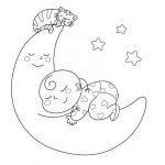 Dibujo para colorear Bebe Y Gato Durmiendo Sobre La Luna Para Colorear