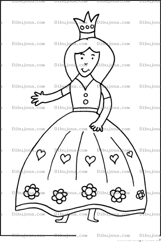 Dibujo para colorear Princesa Con Vestido Largo De Corzaones Y Flores Para Pintar Y Colorear